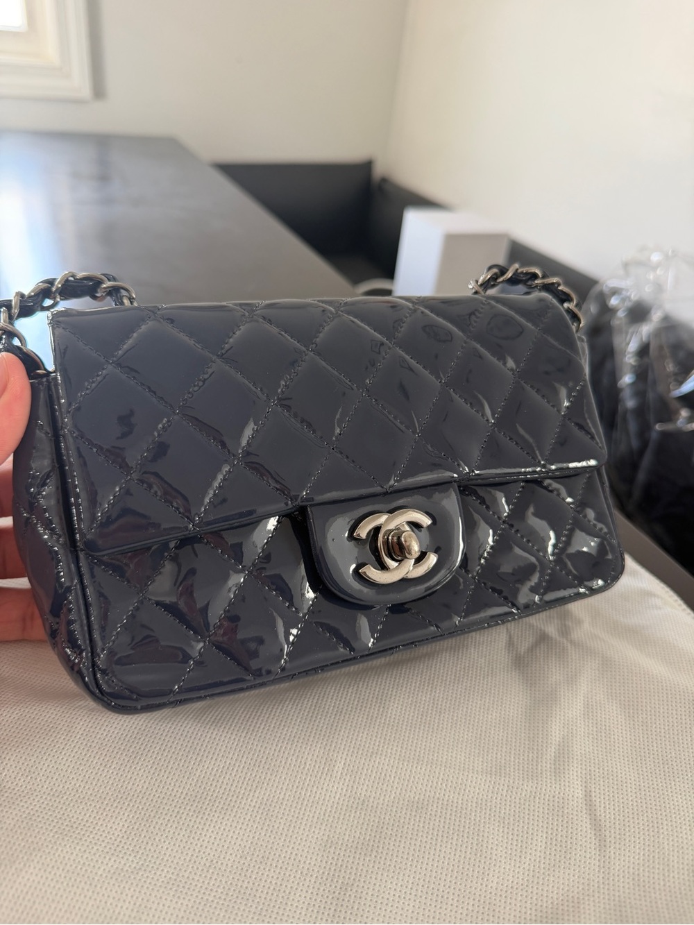CHANEL Patent Quilted Mini Flap Bag in Charcoal Black
